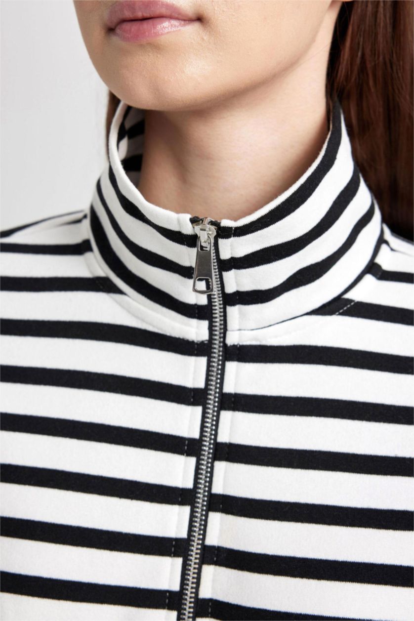 Woman Black Regular Fit Thick Sweatshirt Fabric Polo Collar Striped Sweat Tunic