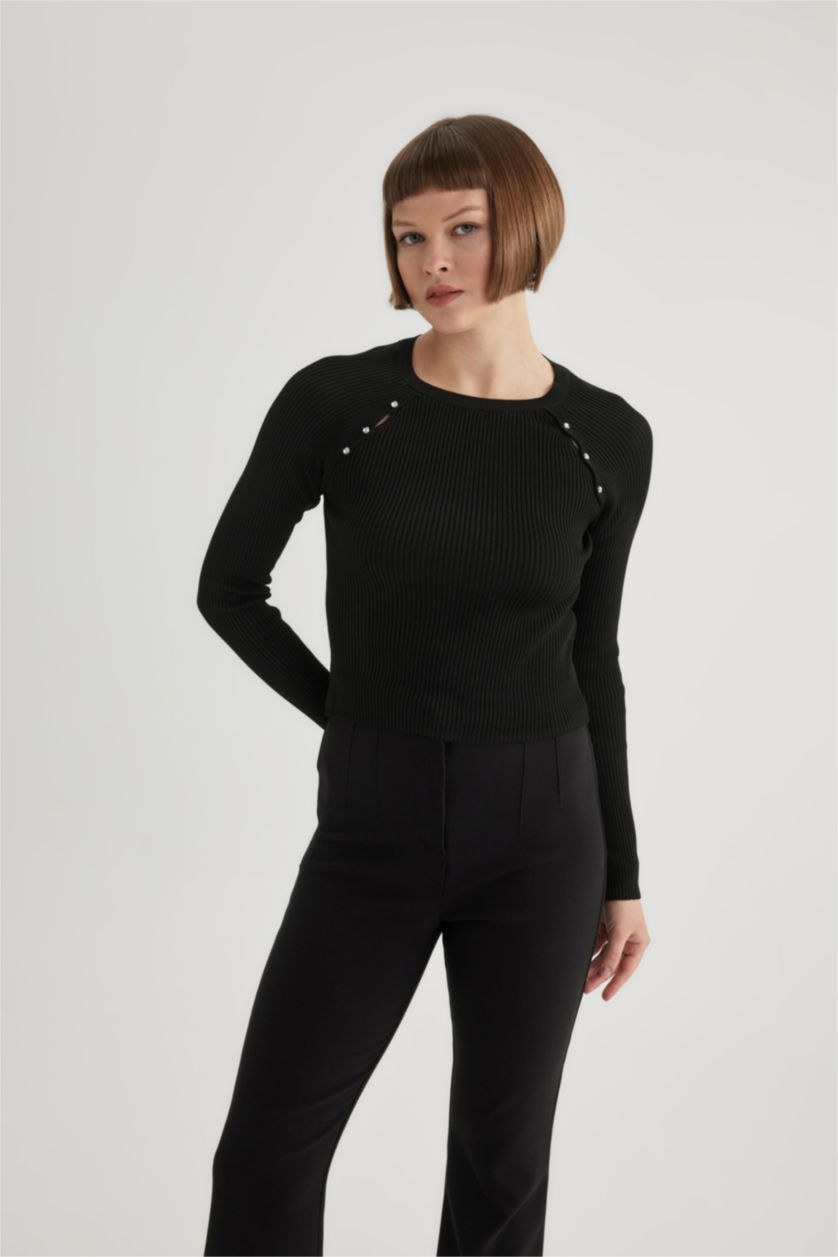 Женщины Черный Свитер в рубчик с круглым вырезом