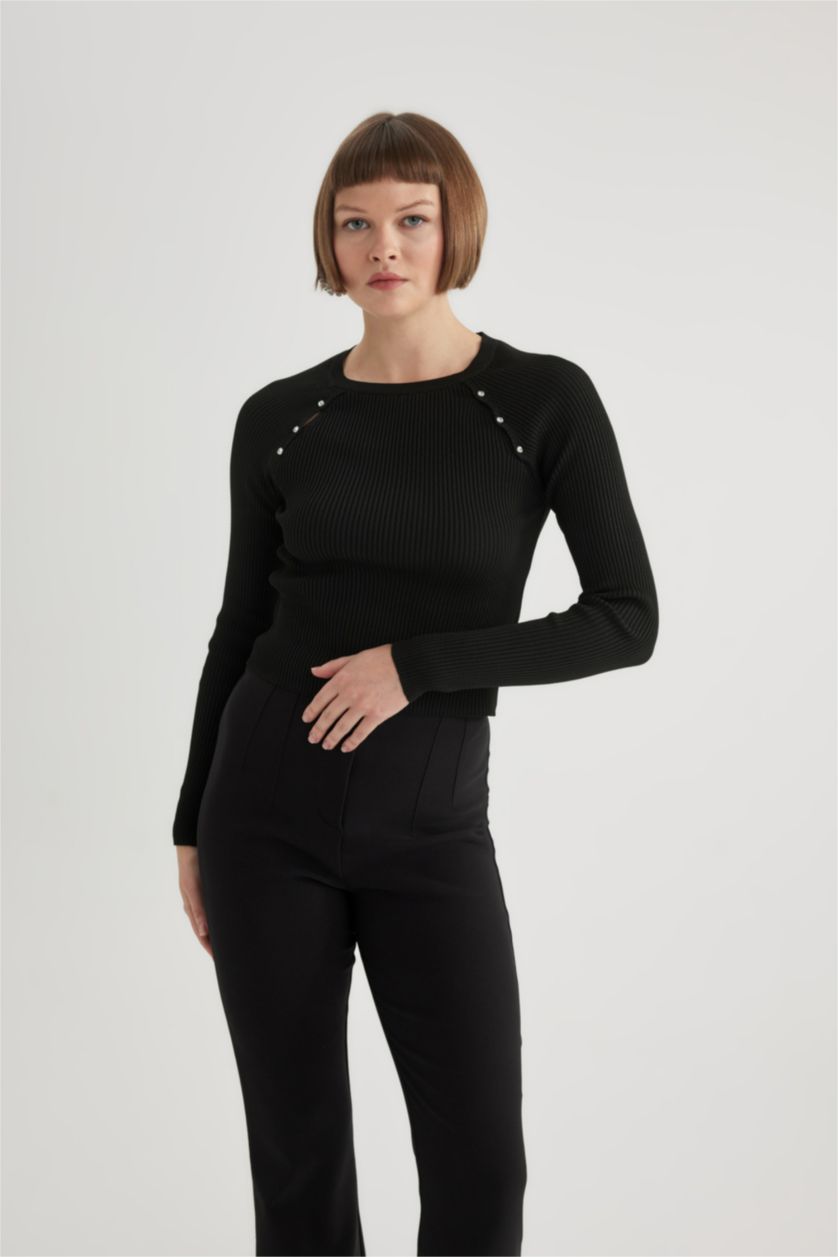 Женщины Черный Свитер в рубчик с круглым вырезом