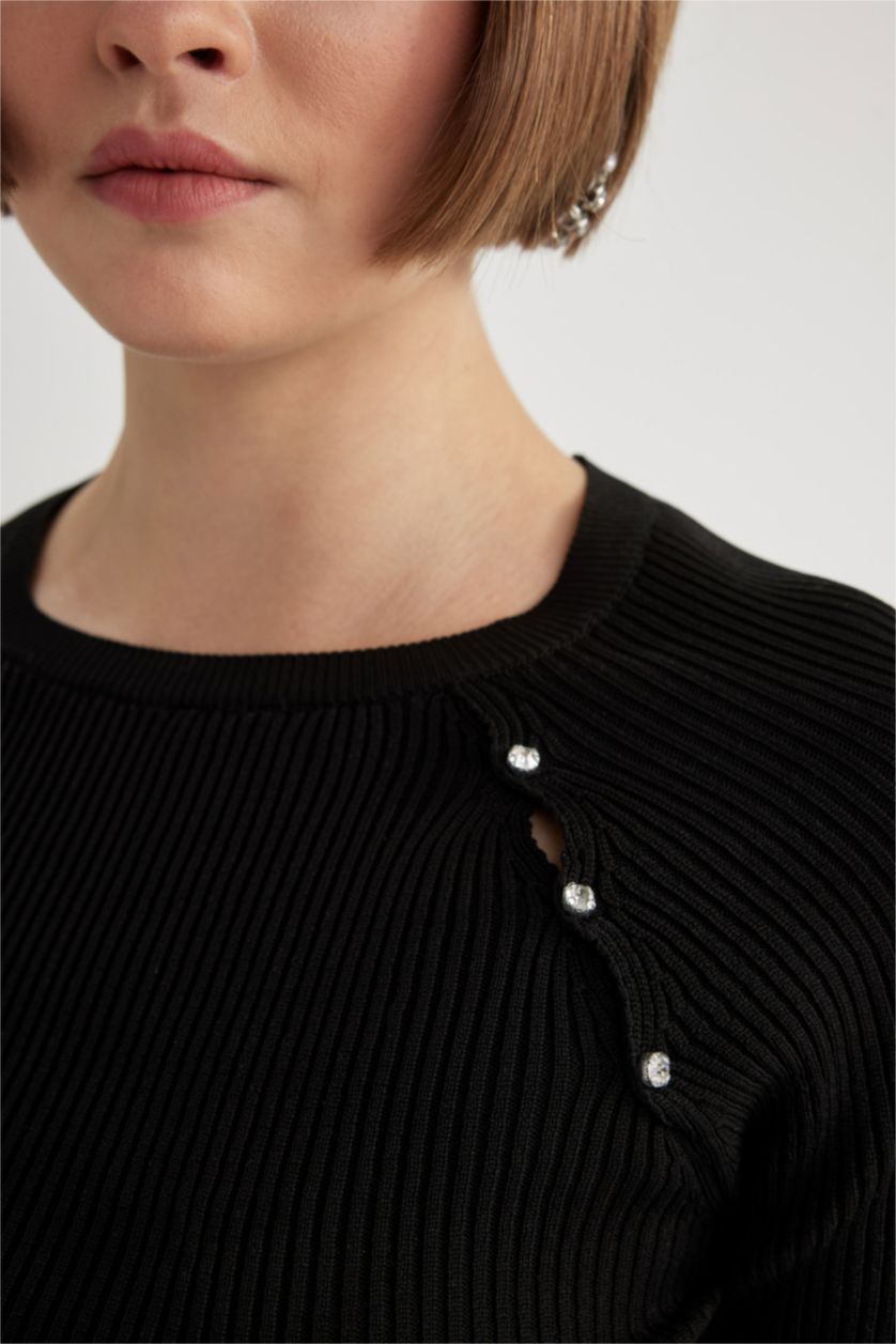 Женщины Черный Свитер в рубчик с круглым вырезом