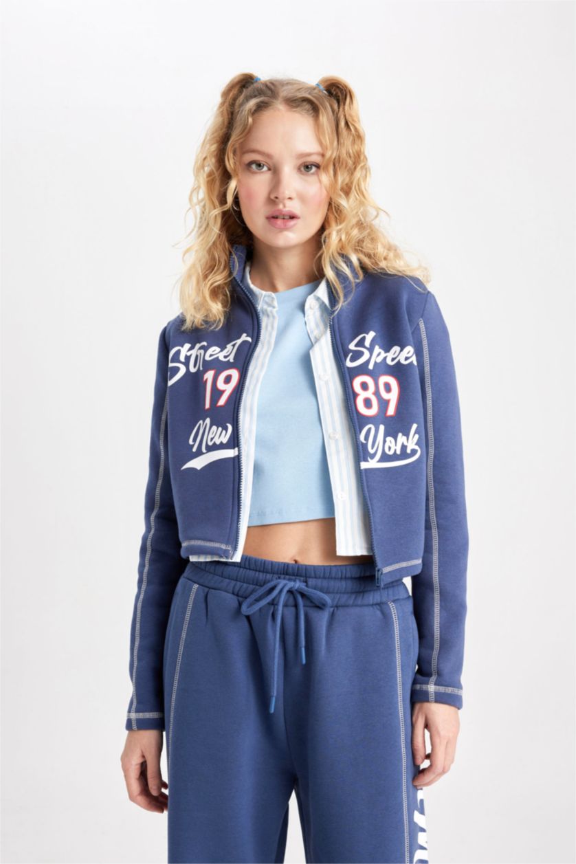 WOMAN Indigo Regular Fit Printed Zippered Sweatshirt