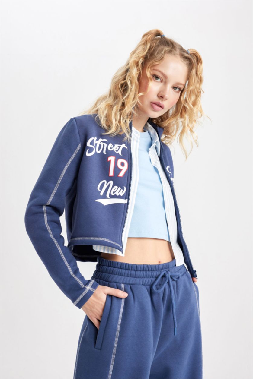 WOMAN Indigo Regular Fit Printed Zippered Sweatshirt