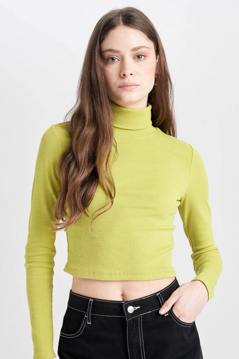 Kadın Yeşil Fitted Balıkçı Yaka Fitilli Kaşkorse Basic Düz Uzun Kollu Tişört