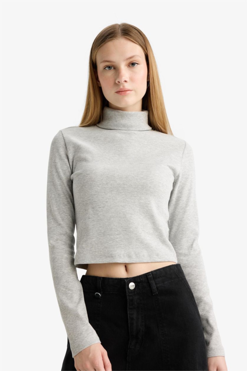 نساء ميلانج رمادي تيشيرت ردن طويل مضلع سليم فيت