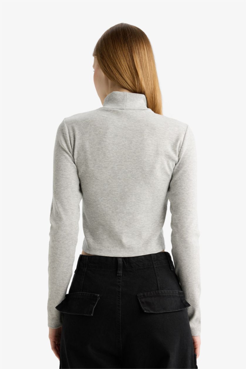 نساء ميلانج رمادي تيشيرت ردن طويل مضلع سليم فيت