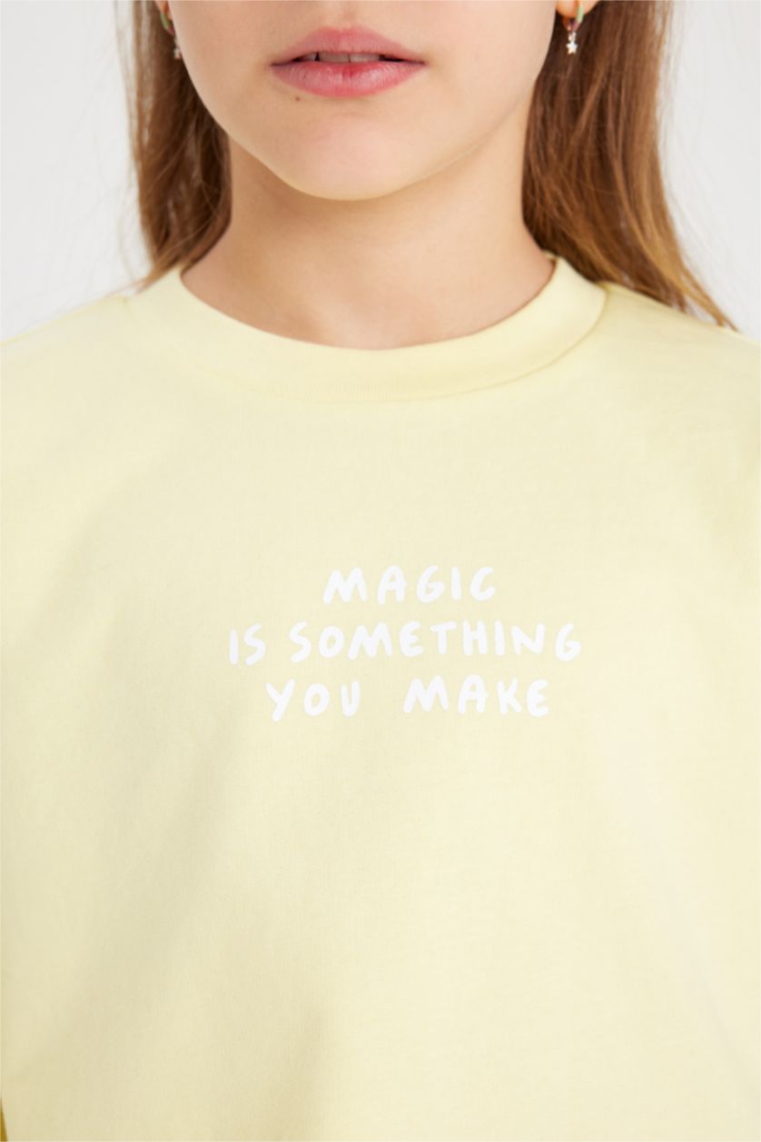 GIRLS & TEENS Light Yellow Girl Printed Short Sleeve T-Shirt Sweatpants 2 Piece Set