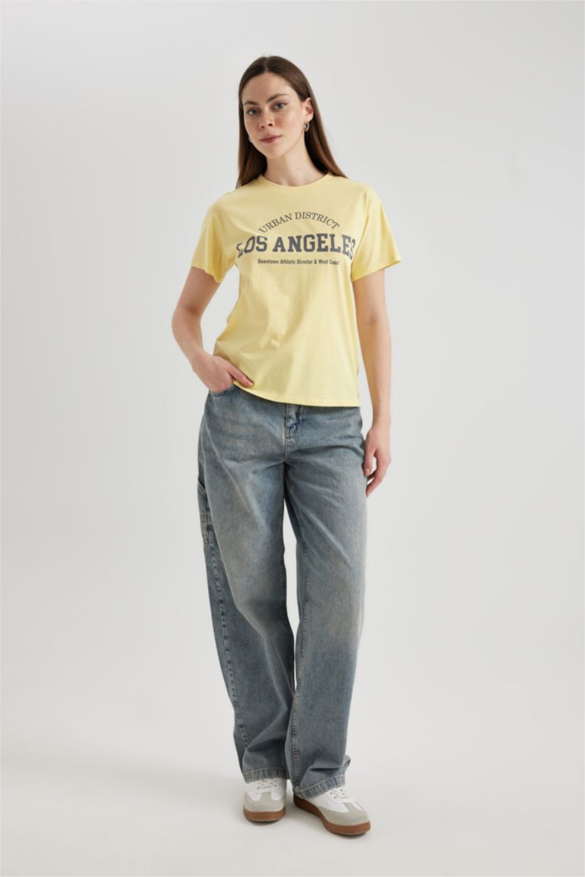 نساء أصفر تيشيرت نص كم قصة عادية برقبة مستديرة