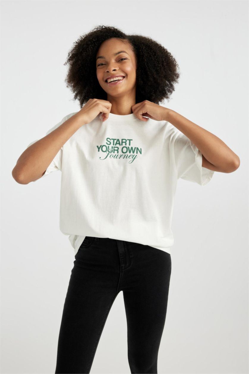 WOMAN White Unisex Oversize Fit Crew Neck Printed T-Shirt
