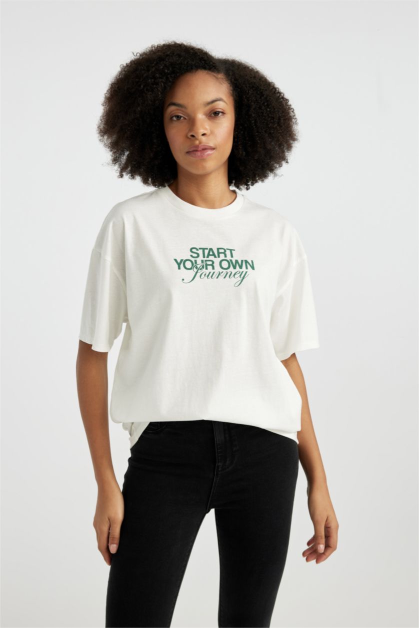 WOMAN White Unisex Oversize Fit Crew Neck Printed T-Shirt