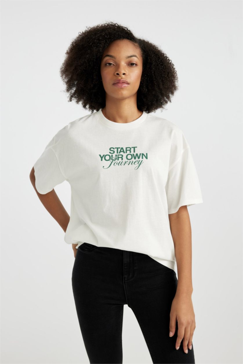 WOMAN White Unisex Oversize Fit Crew Neck Printed T-Shirt