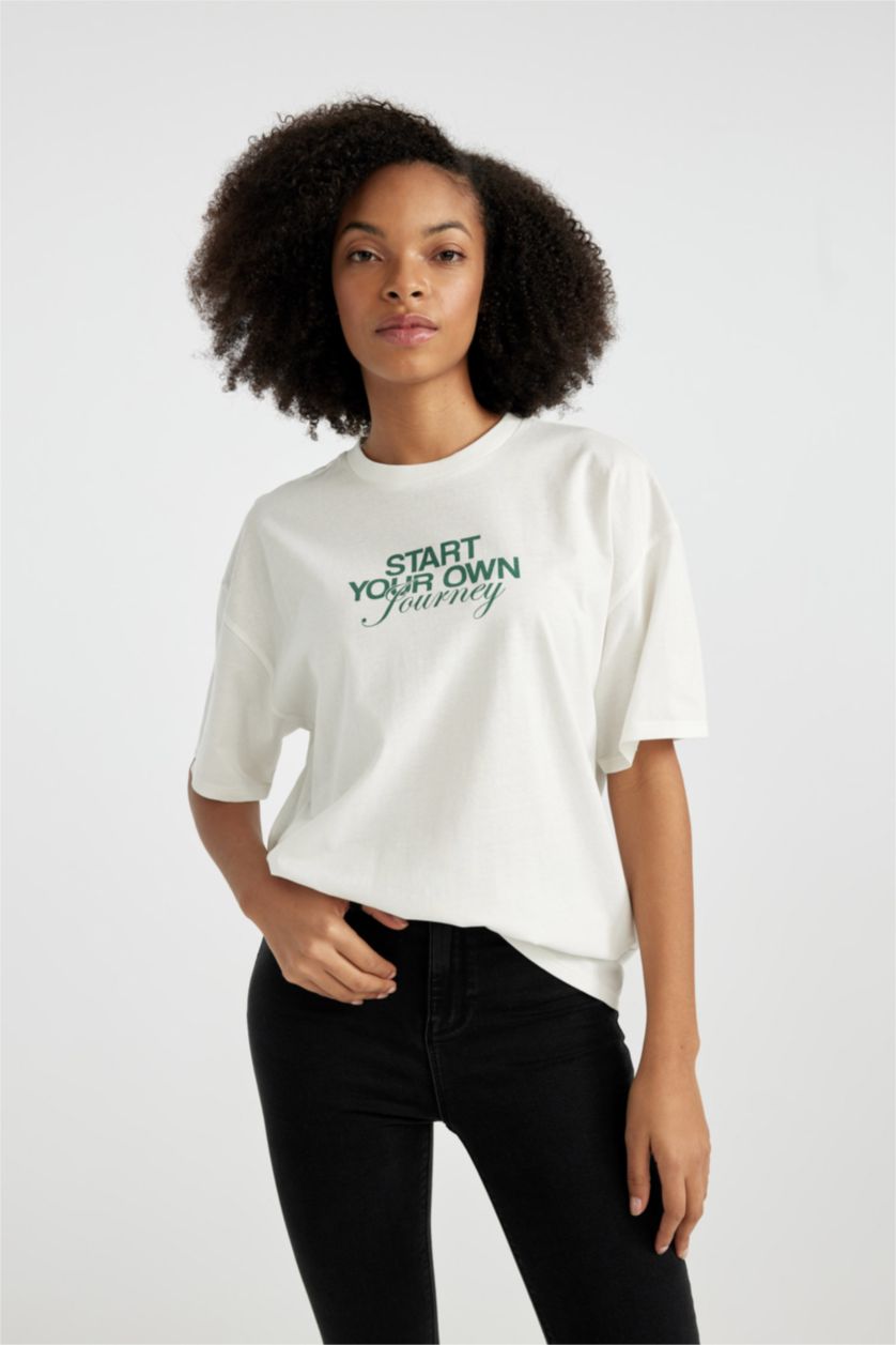WOMAN White Unisex Oversize Fit Crew Neck Printed T-Shirt