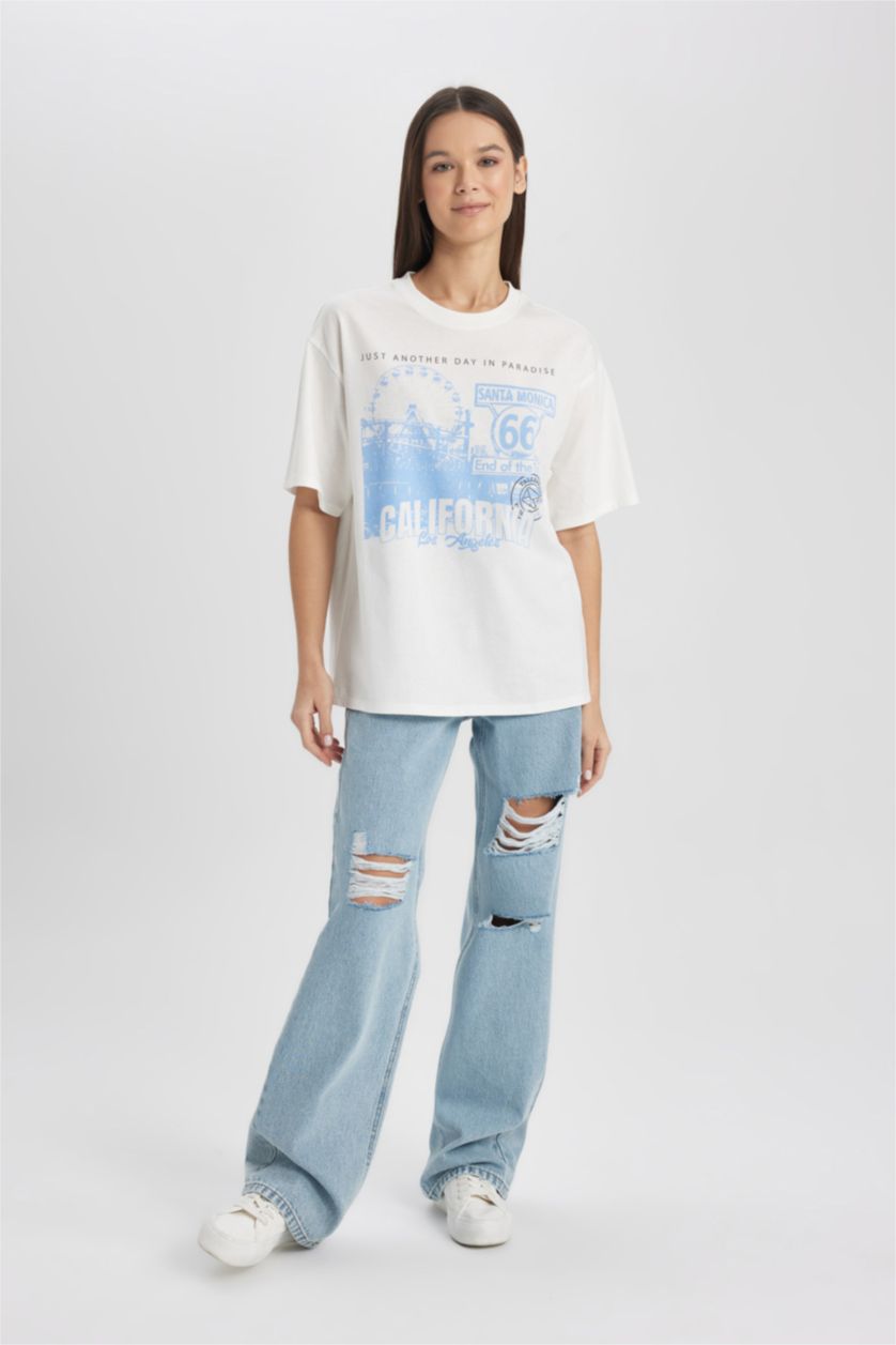 FEMME Blanc T-Shirt Coupe Relax Imprimé Col Rond à Manches Courtes