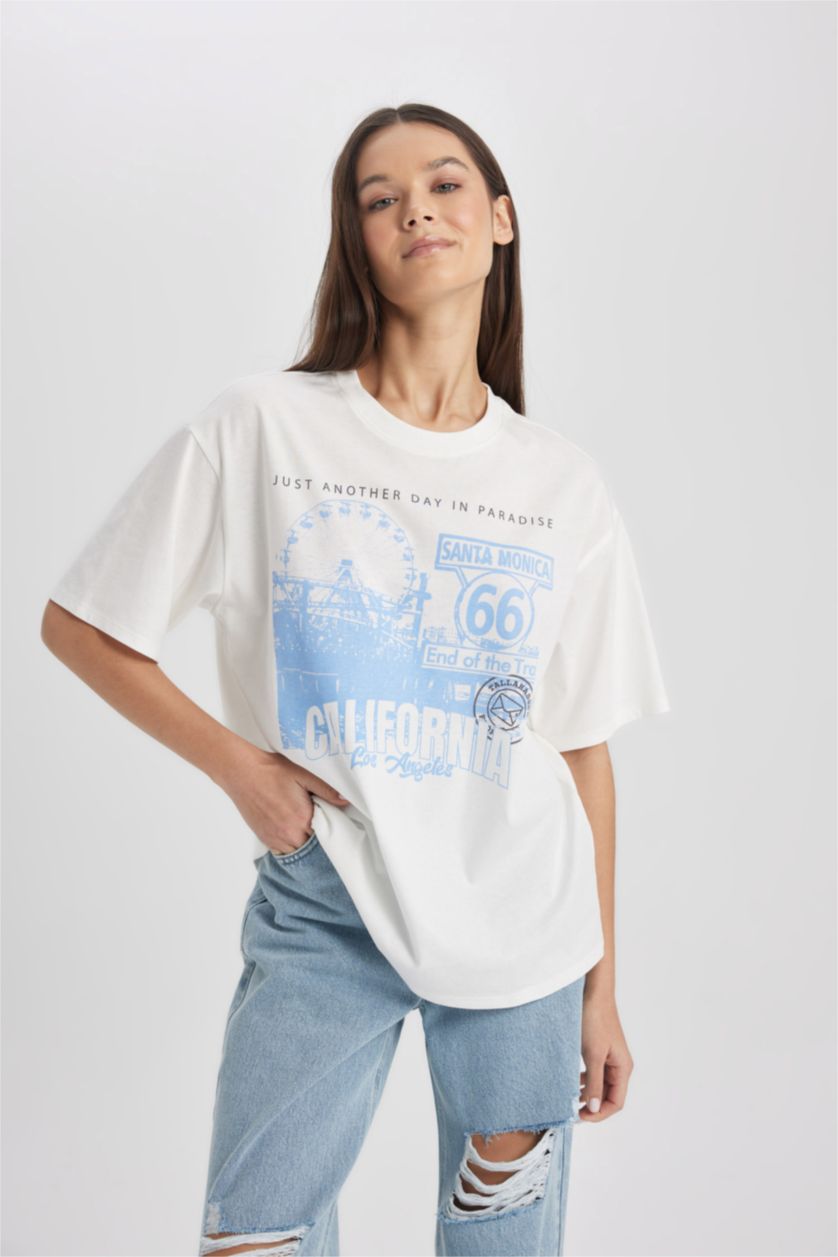 FEMME Blanc T-Shirt Coupe Relax Imprimé Col Rond à Manches Courtes