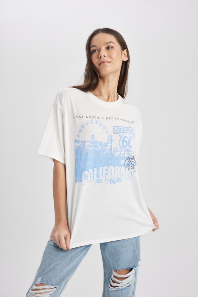 FEMME Blanc T-Shirt Coupe Relax Imprimé Col Rond à Manches Courtes