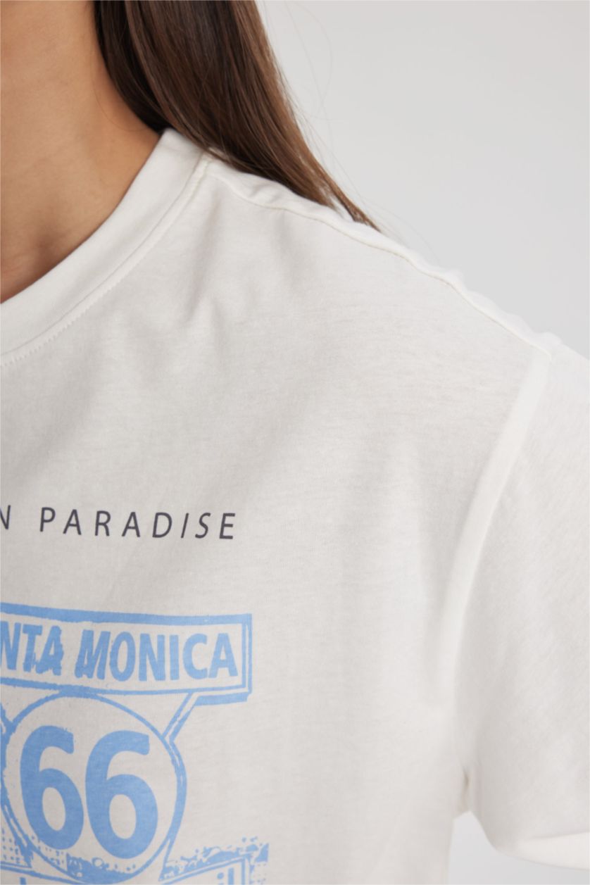 FEMME Blanc T-Shirt Coupe Relax Imprimé Col Rond à Manches Courtes