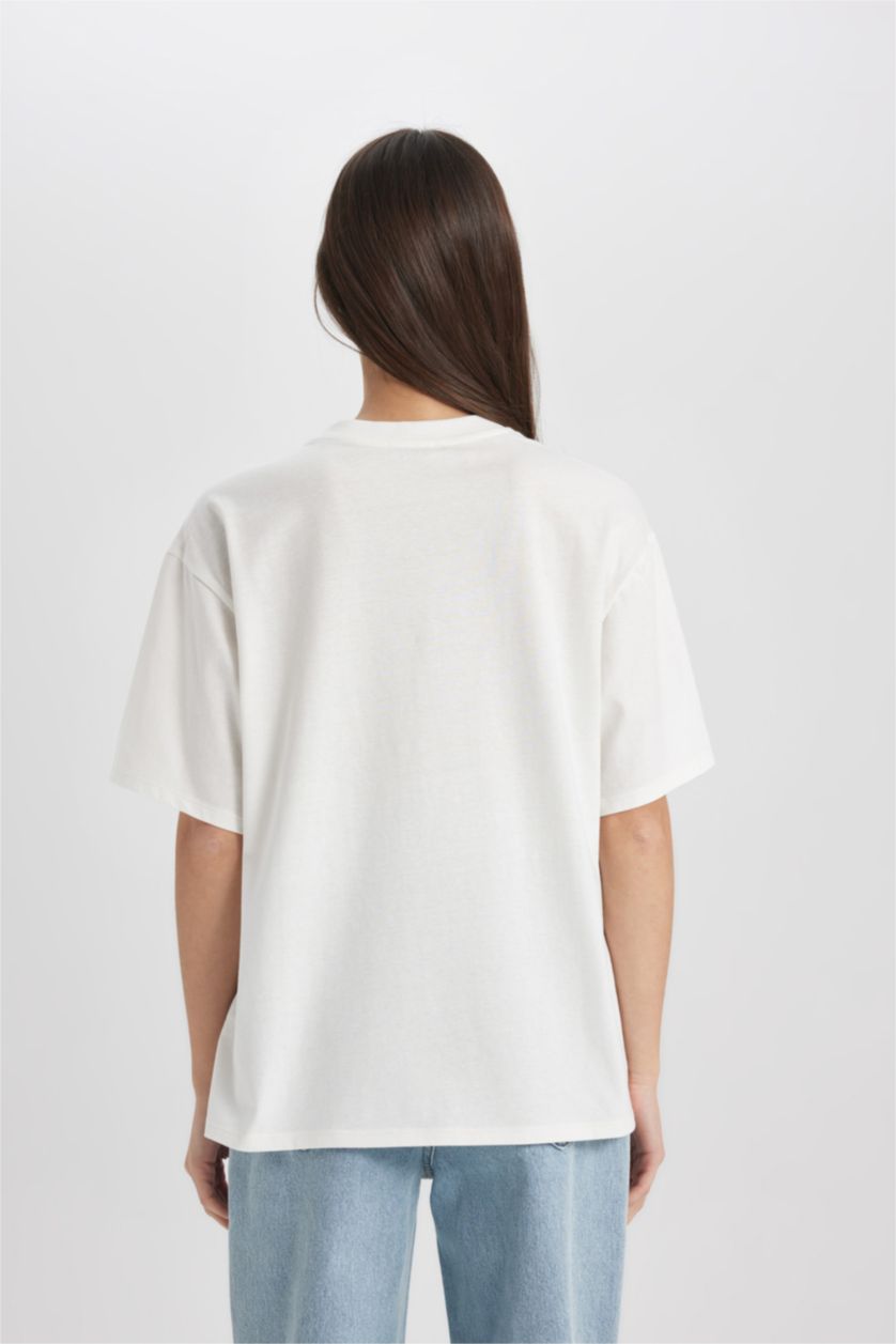 FEMME Blanc T-Shirt Coupe Relax Imprimé Col Rond à Manches Courtes