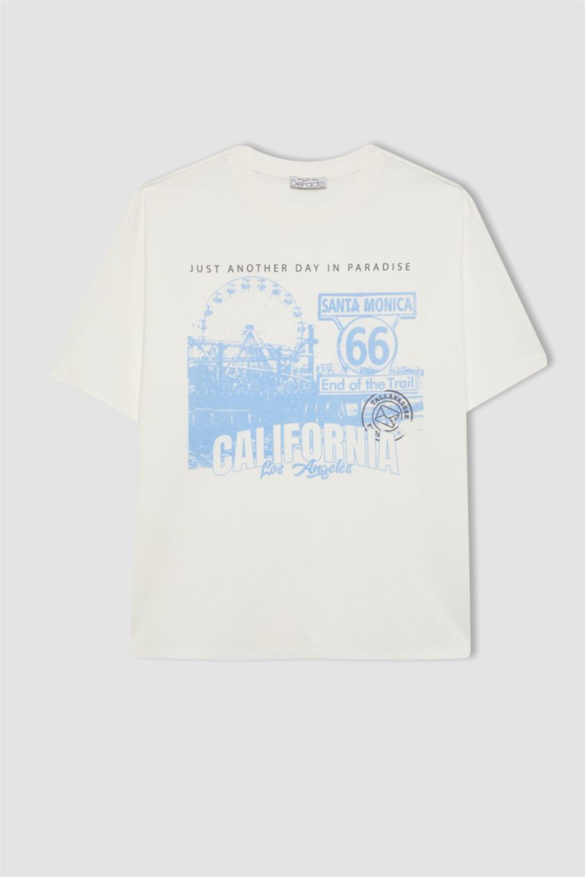 FEMME Blanc T-Shirt Coupe Relax Imprimé Col Rond à Manches Courtes