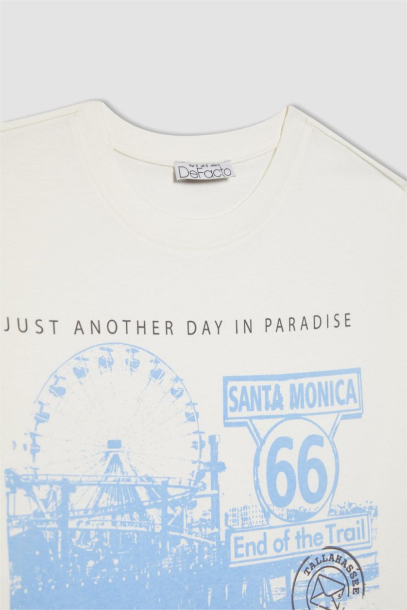 FEMME Blanc T-Shirt Coupe Relax Imprimé Col Rond à Manches Courtes