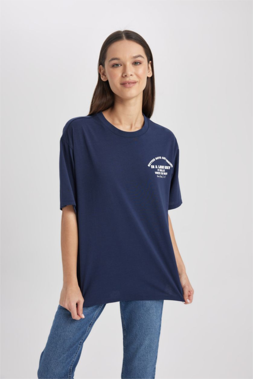 نساء كحلي Loose Fit Short Sleeve T-Shirt
