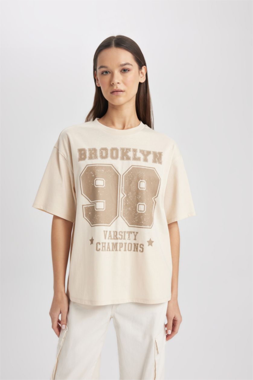 WOMAN Beige Loose Fit Short Sleeve T-Shirt