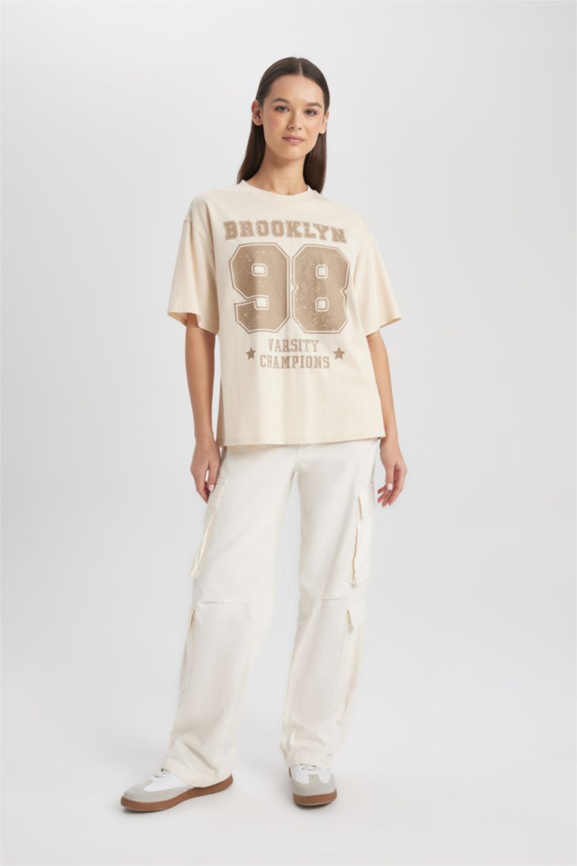 WOMAN Beige Loose Fit Short Sleeve T-Shirt