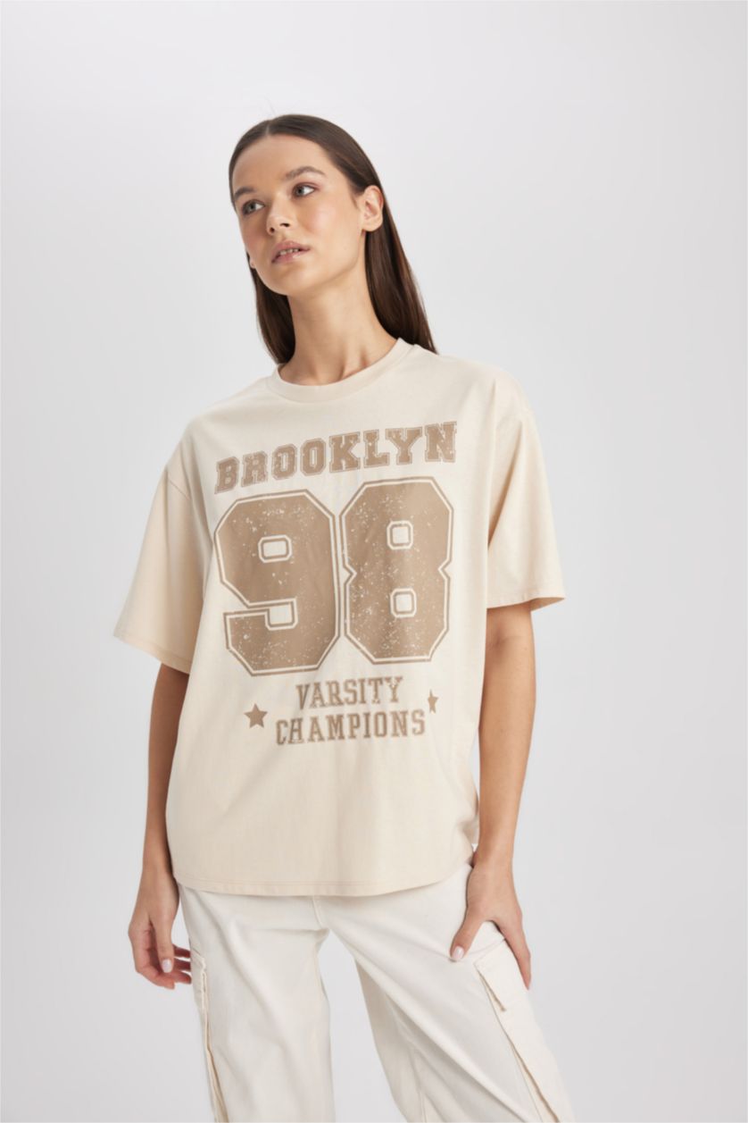 WOMAN Beige Loose Fit Short Sleeve T-Shirt