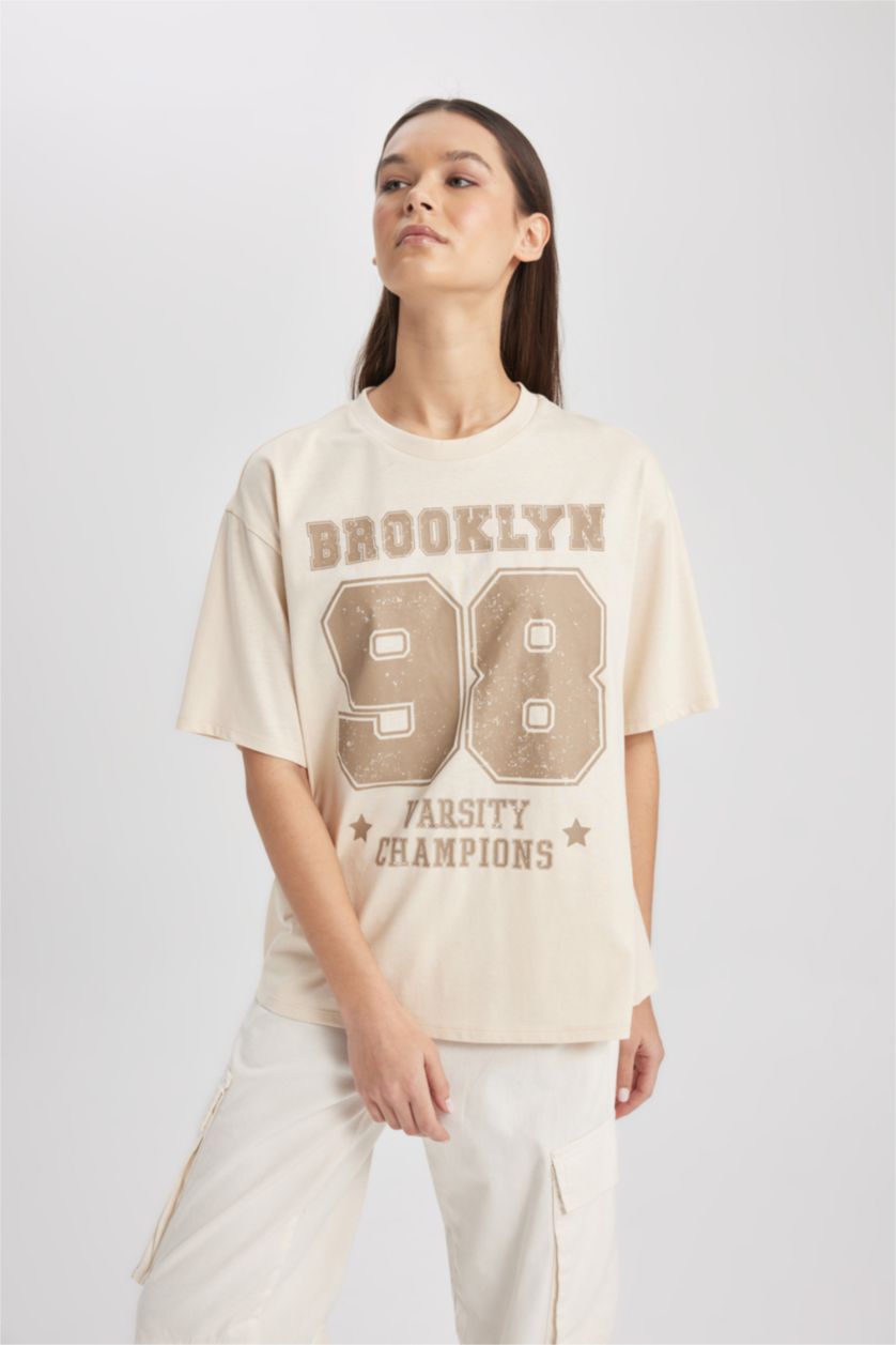 WOMAN Beige Loose Fit Short Sleeve T-Shirt