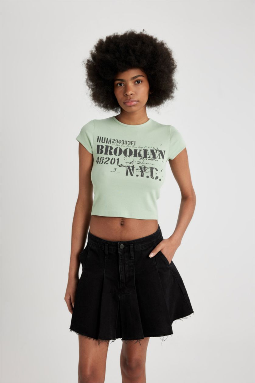 نساء نعناع تيشيرت نص ردن مطبوع بياخة مستديرة