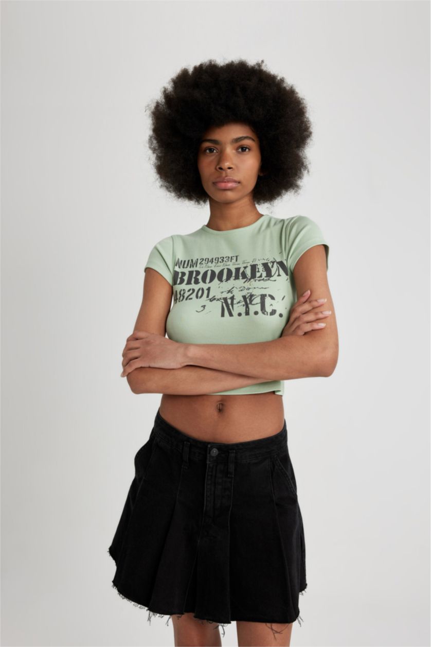 نساء نعناع تيشيرت نص ردن مطبوع بياخة مستديرة