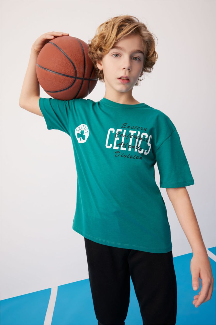 Erkek Çocuk - Genç Erkek Yeşil Erkek Çocuk NBA Boston Celtics Oversize Geniş Kalıp Bisiklet Yaka Tişört