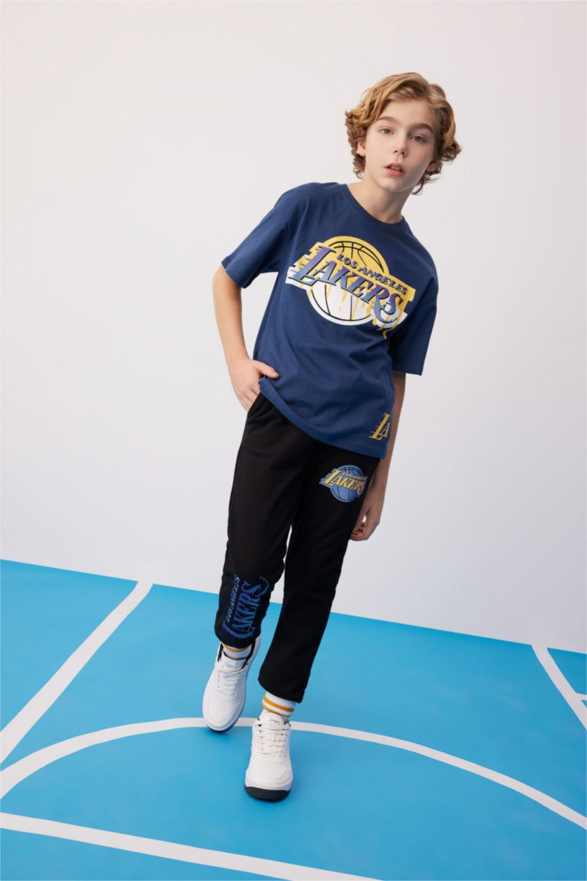 Erkek Çocuk - Genç Erkek İndigo Erkek Çocuk NBA Los Angeles Lakers Oversize Geniş Kalıp Bisiklet Yaka Kısa Kollu Tişört