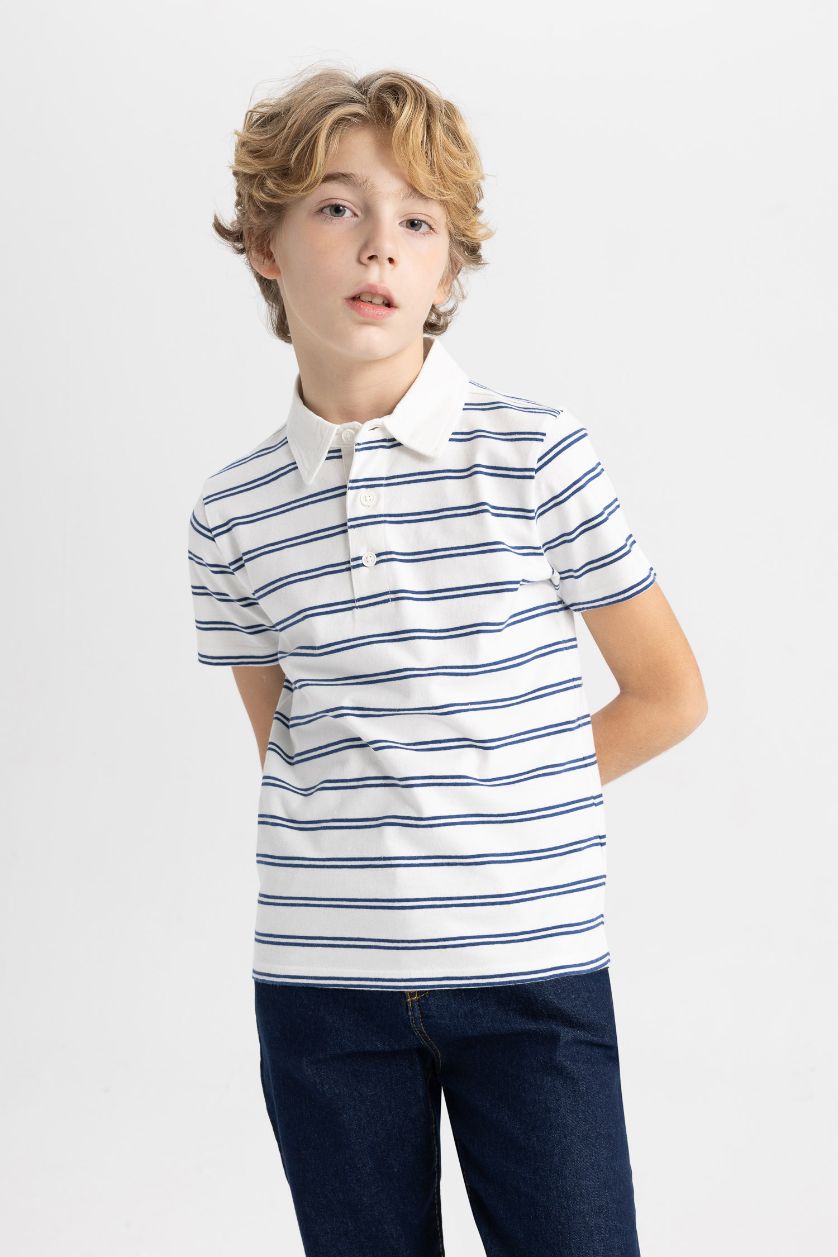 Erkek Çocuk - Genç Erkek Ekru Çizgili Pike Kısa Kollu Polo Tişört Erkek Çocuk