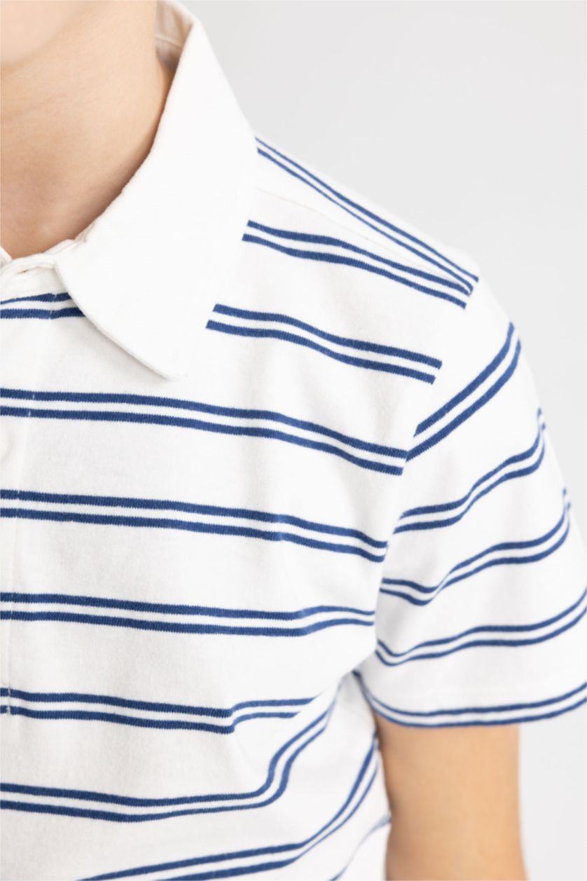Erkek Çocuk - Genç Erkek Ekru Çizgili Pike Kısa Kollu Polo Tişört Erkek Çocuk