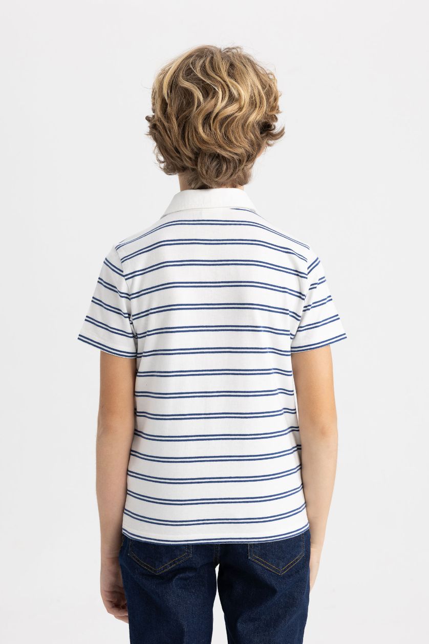 Erkek Çocuk - Genç Erkek Ekru Çizgili Pike Kısa Kollu Polo Tişört Erkek Çocuk
