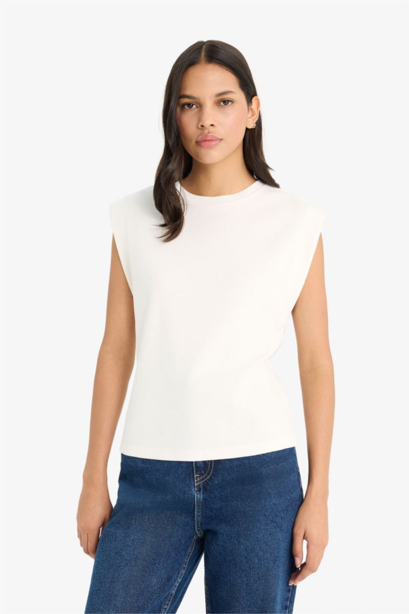 نساء بيج فاتح Regular Fit Crew Neck Ribbed Camisole T-Shirt