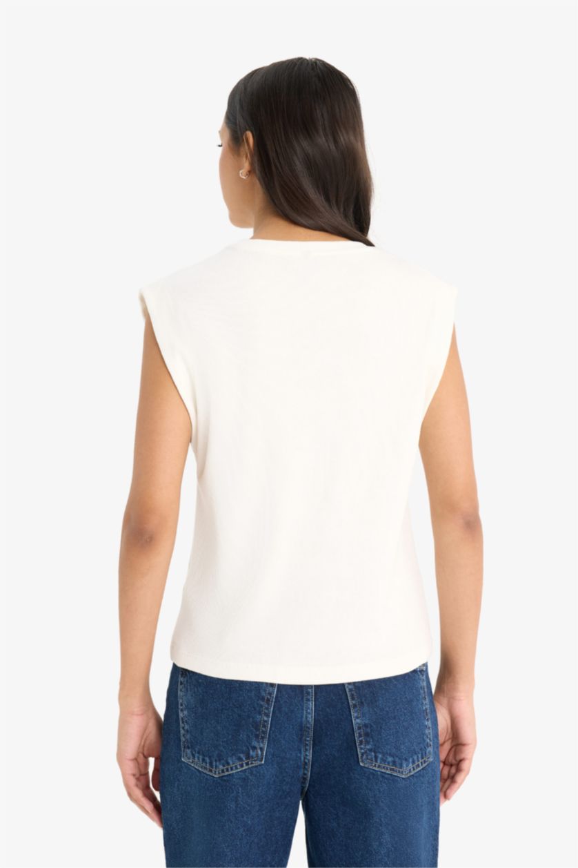 نساء بيج فاتح Regular Fit Crew Neck Ribbed Camisole T-Shirt