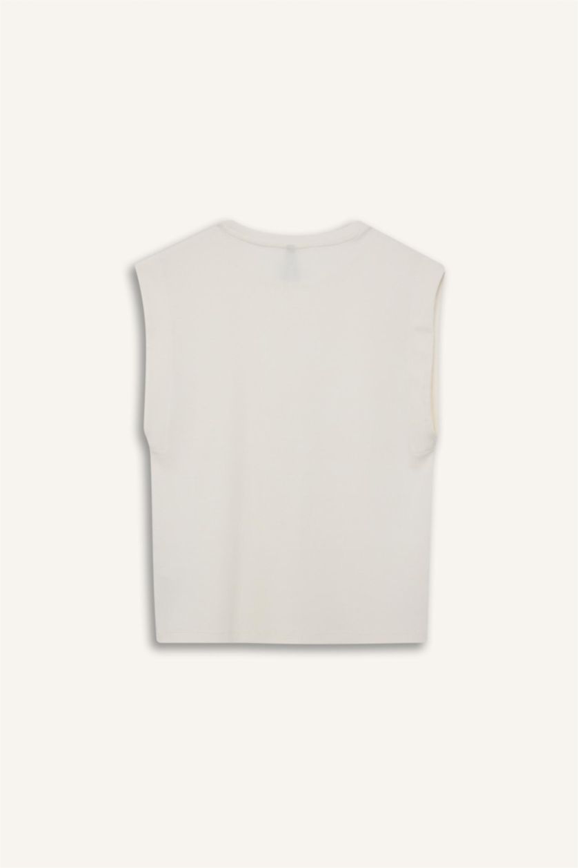 نساء بيج فاتح Regular Fit Crew Neck Ribbed Camisole T-Shirt