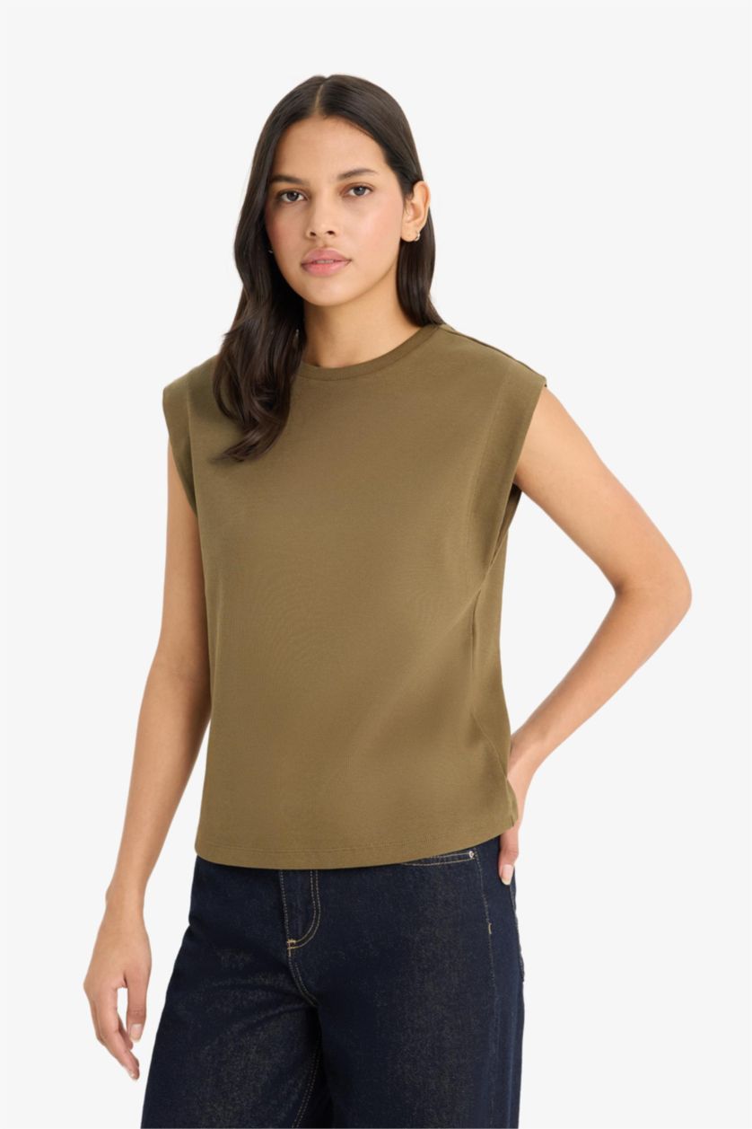 نساء كاكي Regular Fit Crew Neck Ribbed Camisole T-Shirt