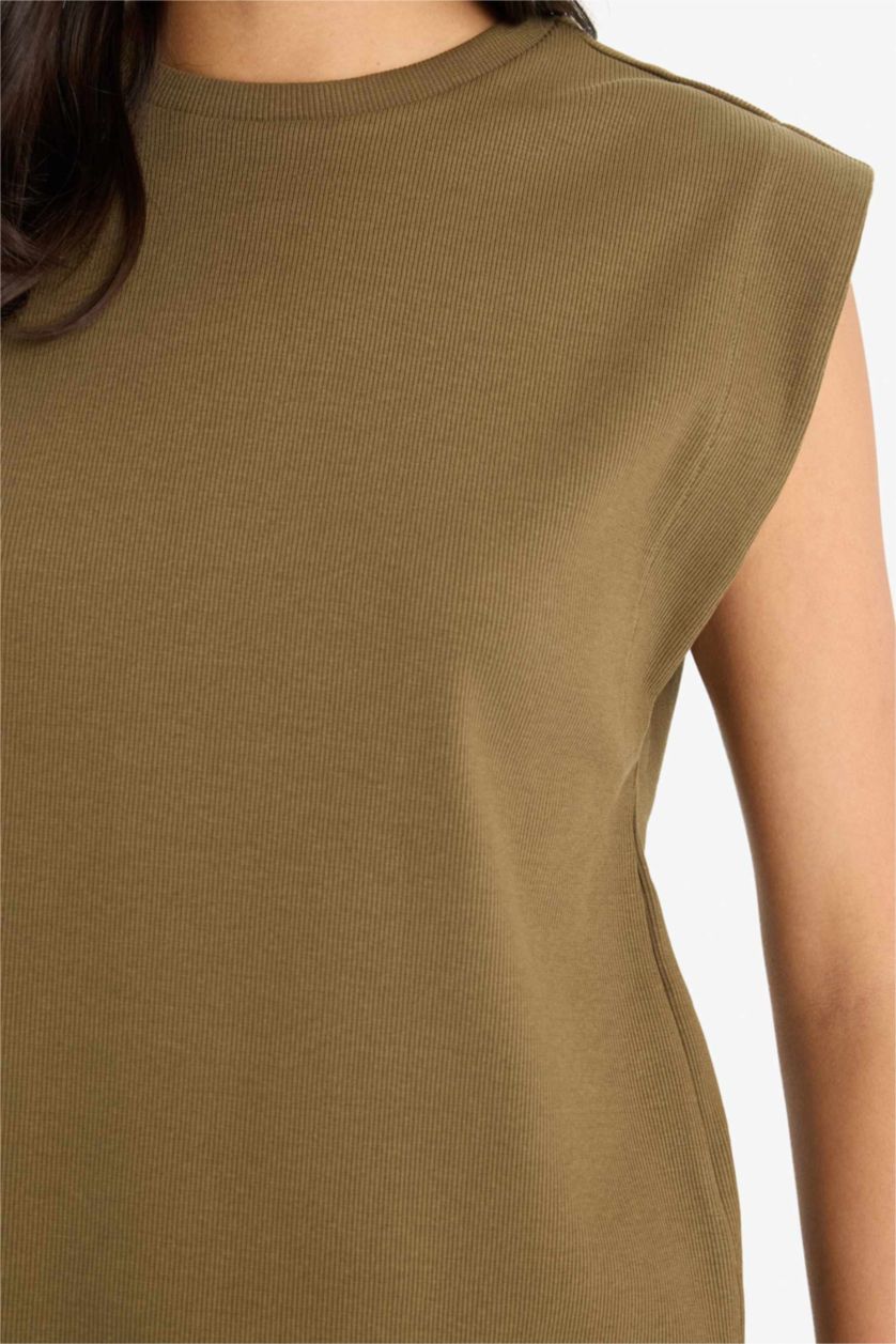 نساء كاكي Regular Fit Crew Neck Ribbed Camisole T-Shirt