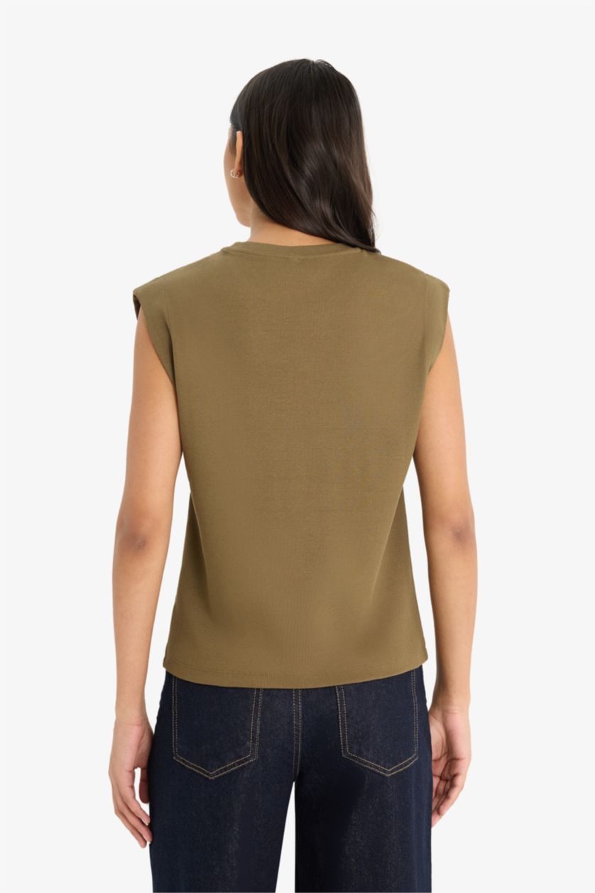 نساء كاكي Regular Fit Crew Neck Ribbed Camisole T-Shirt