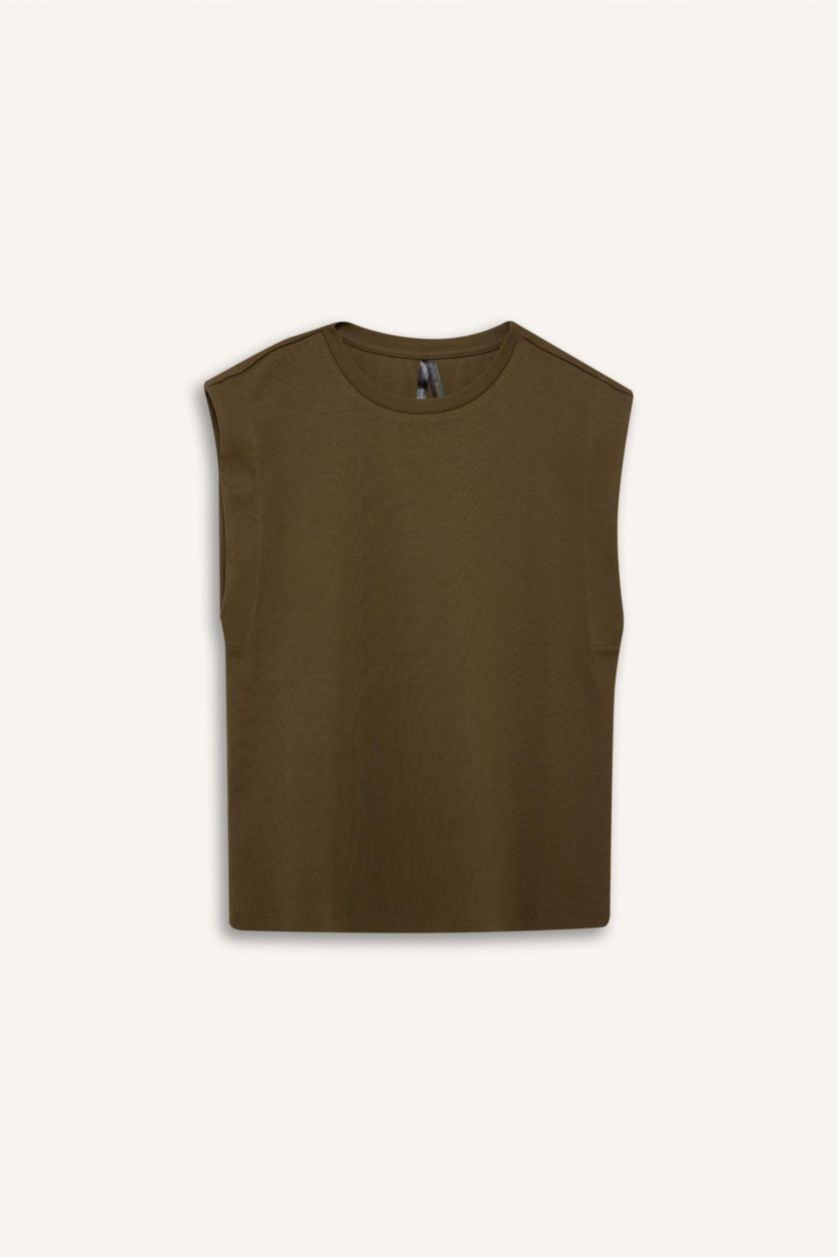 نساء كاكي Regular Fit Crew Neck Ribbed Camisole T-Shirt