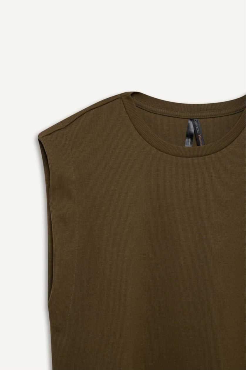 نساء كاكي Regular Fit Crew Neck Ribbed Camisole T-Shirt