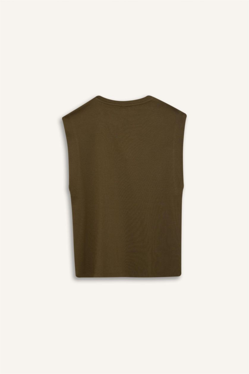 نساء كاكي Regular Fit Crew Neck Ribbed Camisole T-Shirt