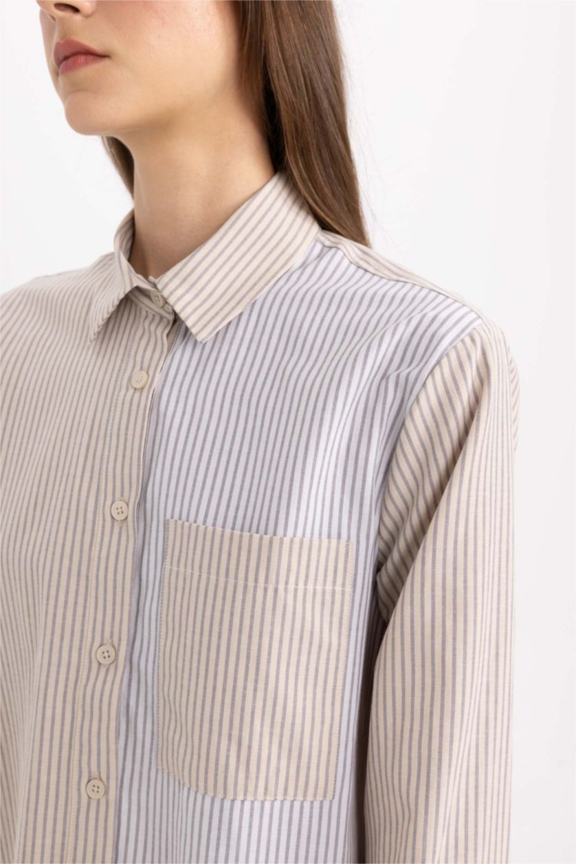 Kadın Bej Relax Fit Çizgili Poplin Uzun Kollu Gömlek Tunik