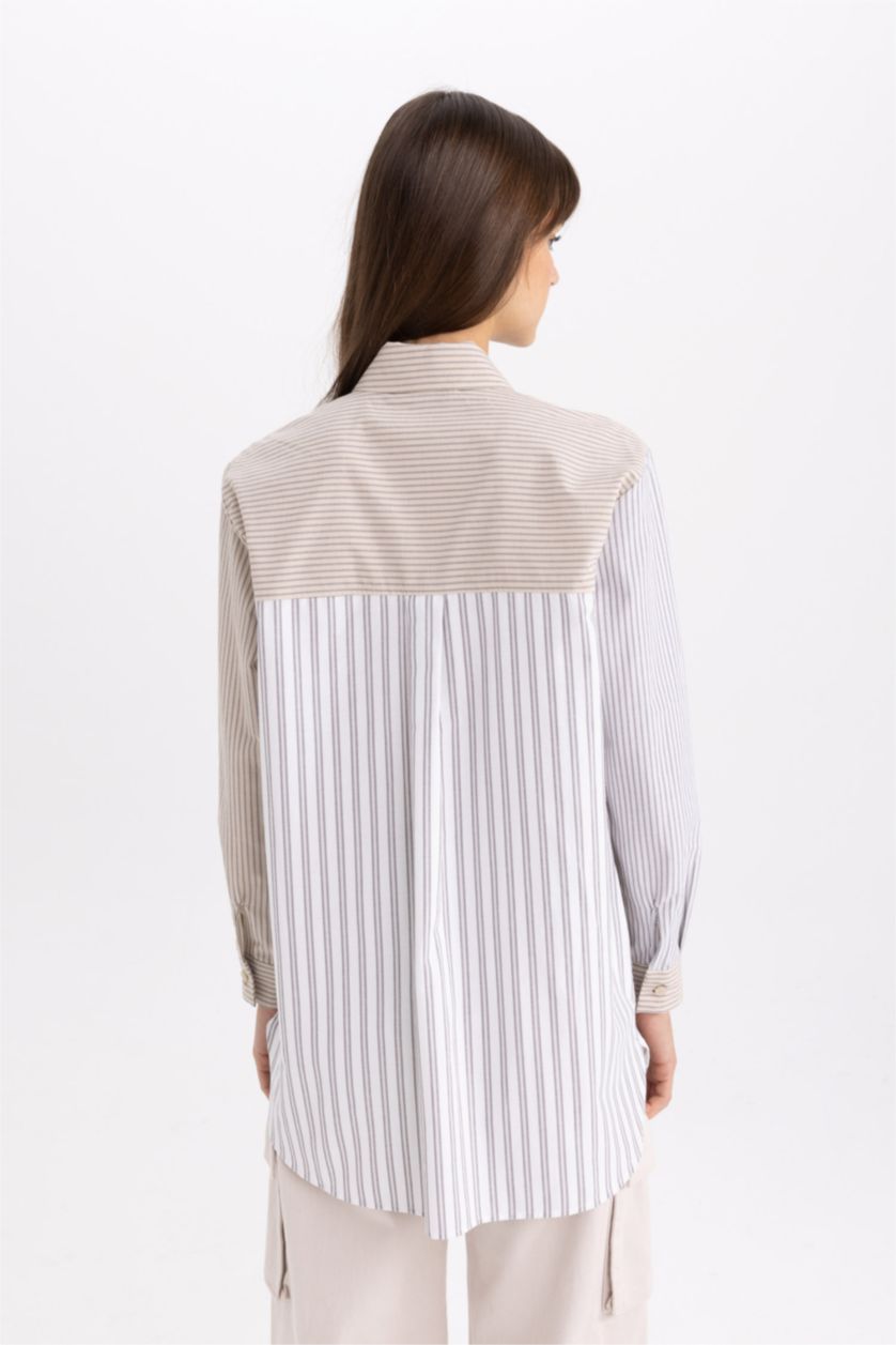 Kadın Bej Relax Fit Çizgili Poplin Uzun Kollu Gömlek Tunik