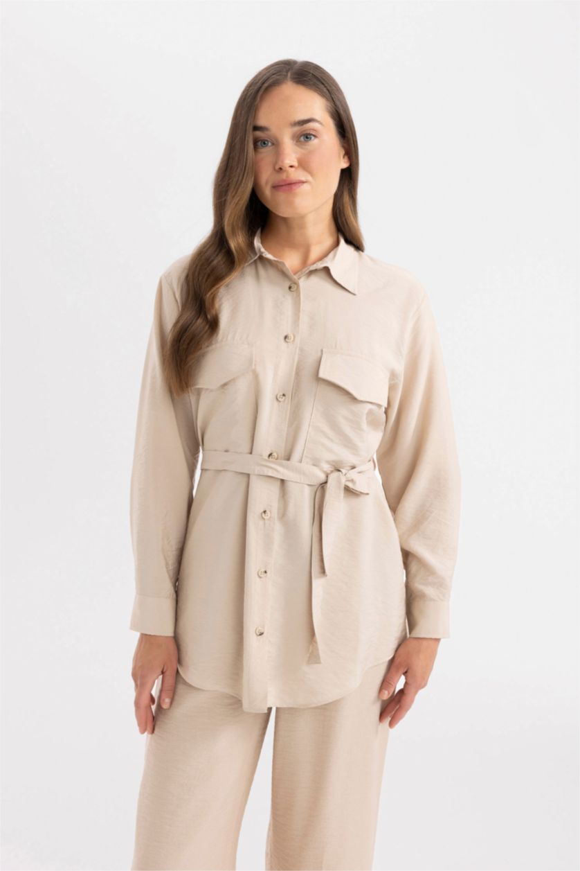 WOMAN Beige Regular Fit Long Sleeve Belted Shirt Tunic