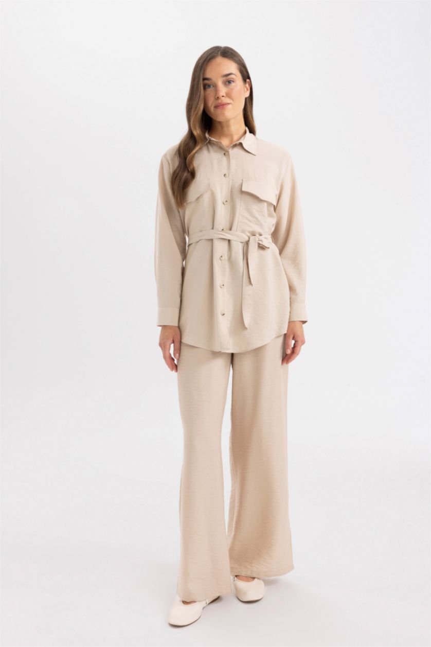 WOMAN Beige Regular Fit Long Sleeve Belted Shirt Tunic