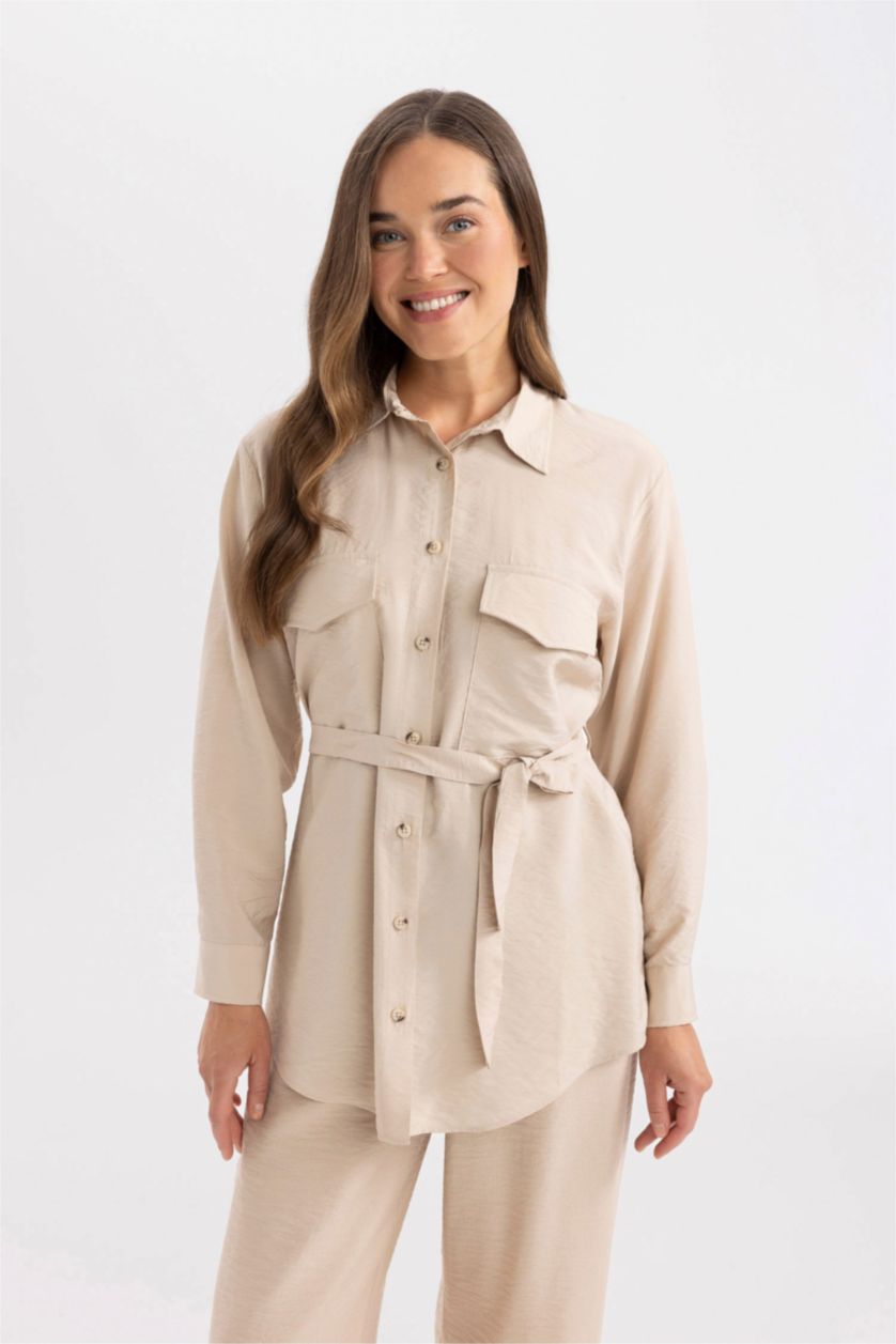 WOMAN Beige Regular Fit Long Sleeve Belted Shirt Tunic