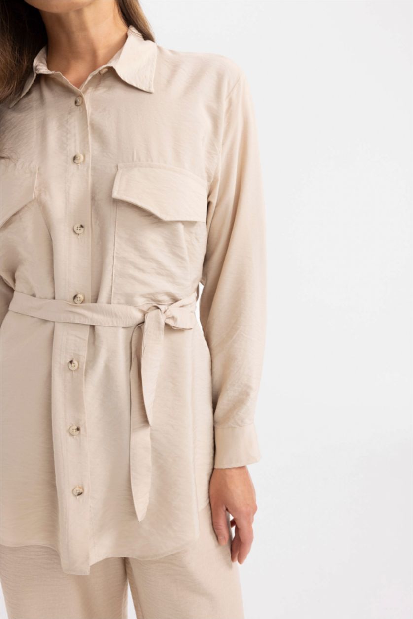 WOMAN Beige Regular Fit Long Sleeve Belted Shirt Tunic