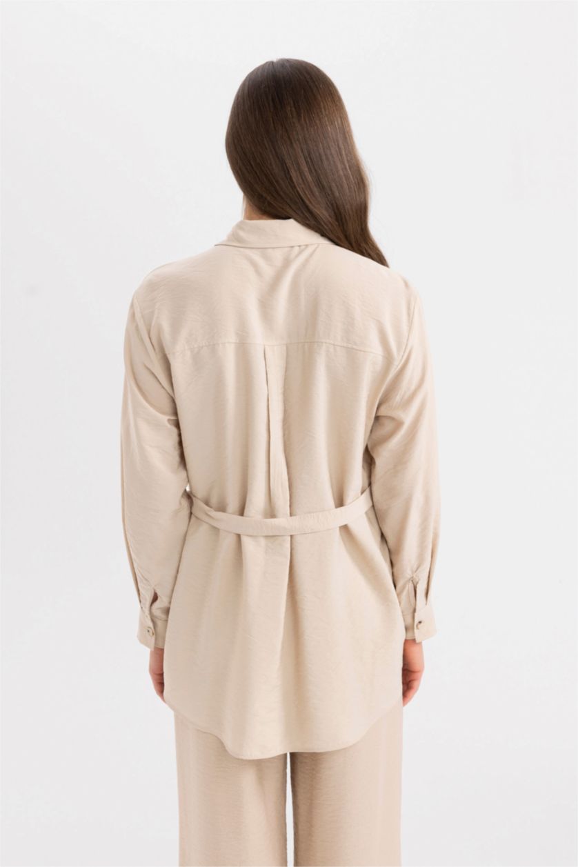 WOMAN Beige Regular Fit Long Sleeve Belted Shirt Tunic